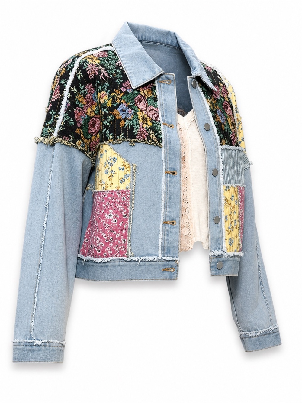 POL Patchwork Denim Jacket Small Boho Cropped Floral NWT - Picture 7 of 14